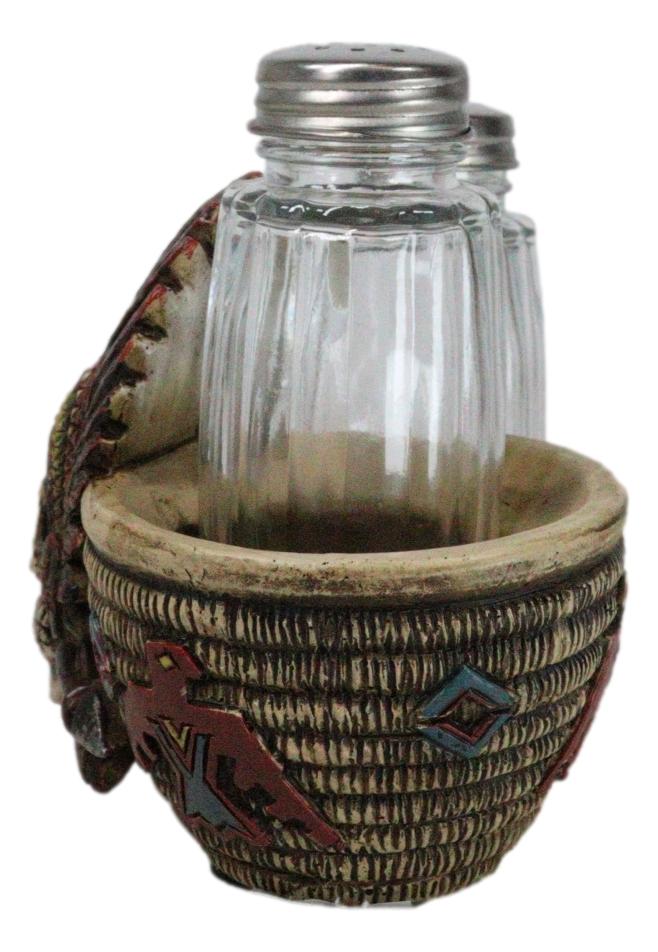 Ebros Gift Native American Indian Chieftain Skull With Headdress Salt Pepper Shakers Set