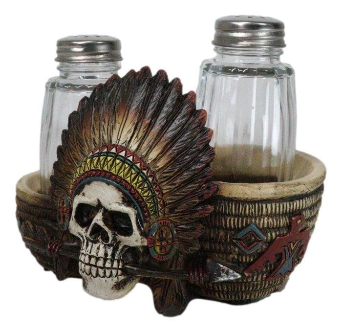Ebros Gift Native American Indian Chieftain Skull With Headdress Salt Pepper Shakers Set
