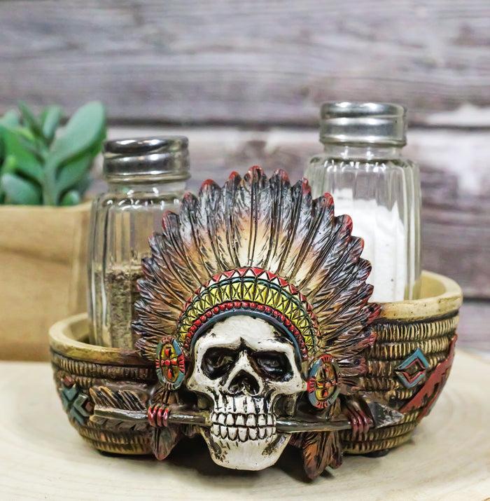 ebros gift Native American Indian Chieftain Skull With Headdress Salt Pepper Shakers Set