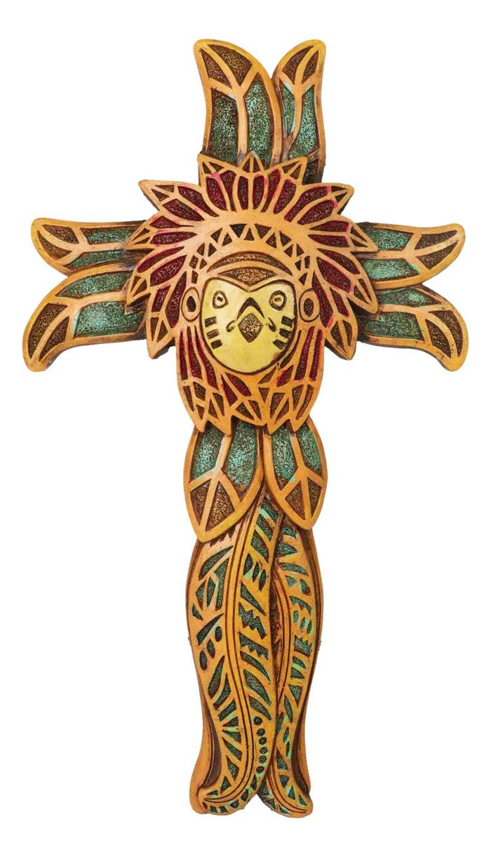 ebros gift Native American Indian Owl Chief with Headdress Floral Faux Wooden Wall Cross