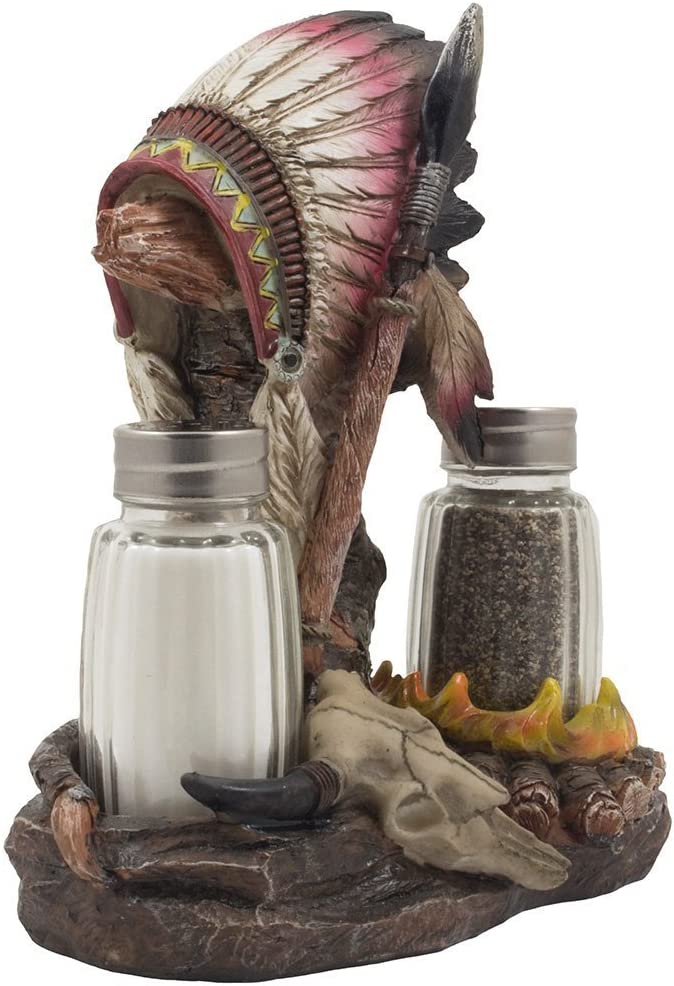 Ebros Gift Native Indian Chief Headdress Bull Skull Salt Pepper Shakers Holder Figurine