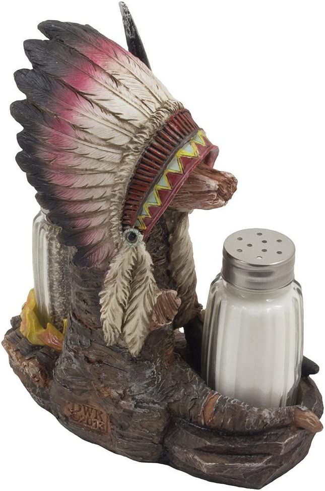 Ebros Gift Native Indian Chief Headdress Bull Skull Salt Pepper Shakers Holder Figurine