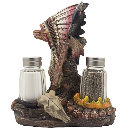 ebros gift Native Indian Chief Headdress Bull Skull Salt Pepper Shakers Holder Figurine