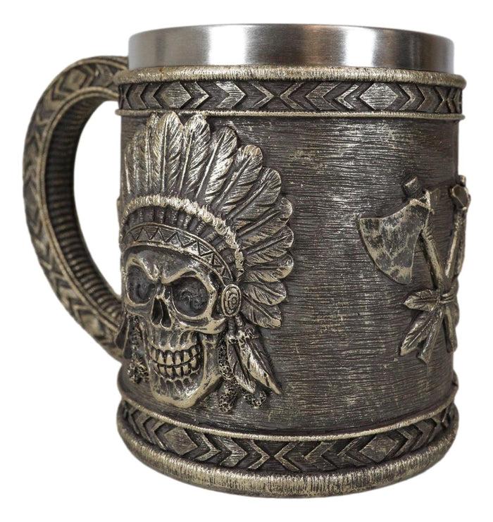 Ebros Gift Native Indian Chief With Headdress Roach Skull And Crossed Axes Coffee Mug Cup