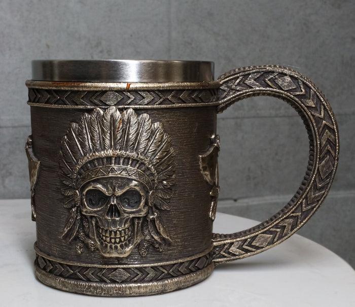 ebros gift Native Indian Chief With Headdress Roach Skull And Crossed Axes Coffee Mug Cup