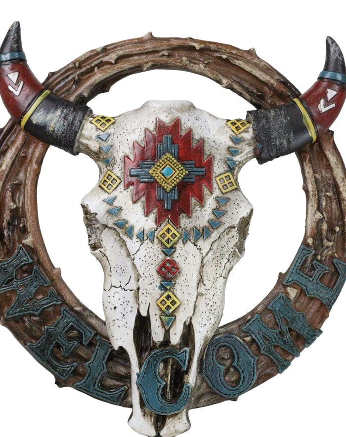 Ebros Gift Native Indian Cow Skull With Colorful Navajo Vectors Welcome Wreath Wall Sign