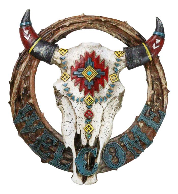 ebros gift Native Indian Cow Skull with Colorful Navajo Vectors Welcome Wreath Wall Sign