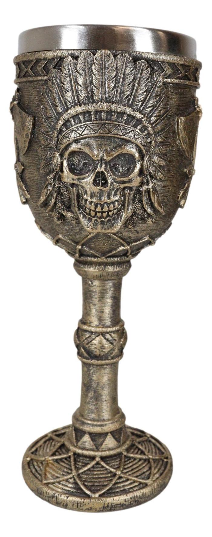 Ebros Gift Native Indian Tribal Chief Skull With Roach Headdress And Axes Wine Goblet
