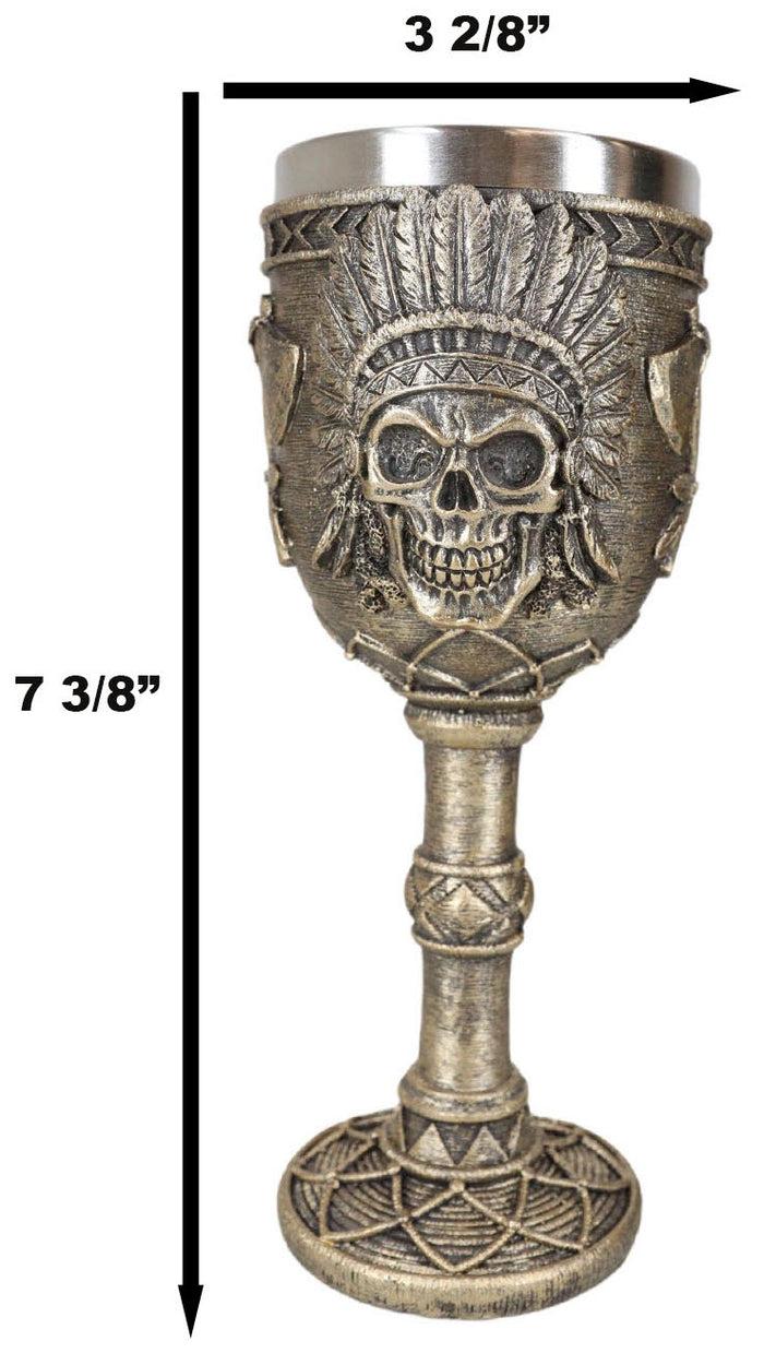 Ebros Gift Native Indian Tribal Chief Skull With Roach Headdress And Axes Wine Goblet