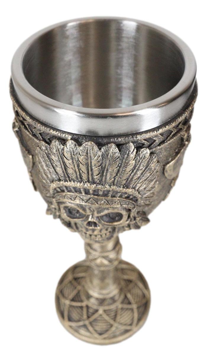 Ebros Gift Native Indian Tribal Chief Skull With Roach Headdress And Axes Wine Goblet