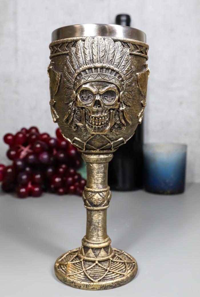 ebros gift Native Indian Tribal Chief Skull With Roach Headdress And Axes Wine Goblet