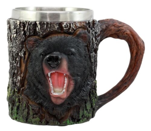 Ebros Gift Nature Wildlife Roaring Black Bear Coffee Mug With Rustic Tree Bark Design 12oz
