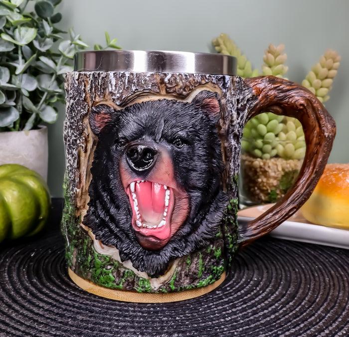 ebros gift Nature Wildlife Roaring Black Bear Coffee Mug With Rustic Tree Bark Design 12oz