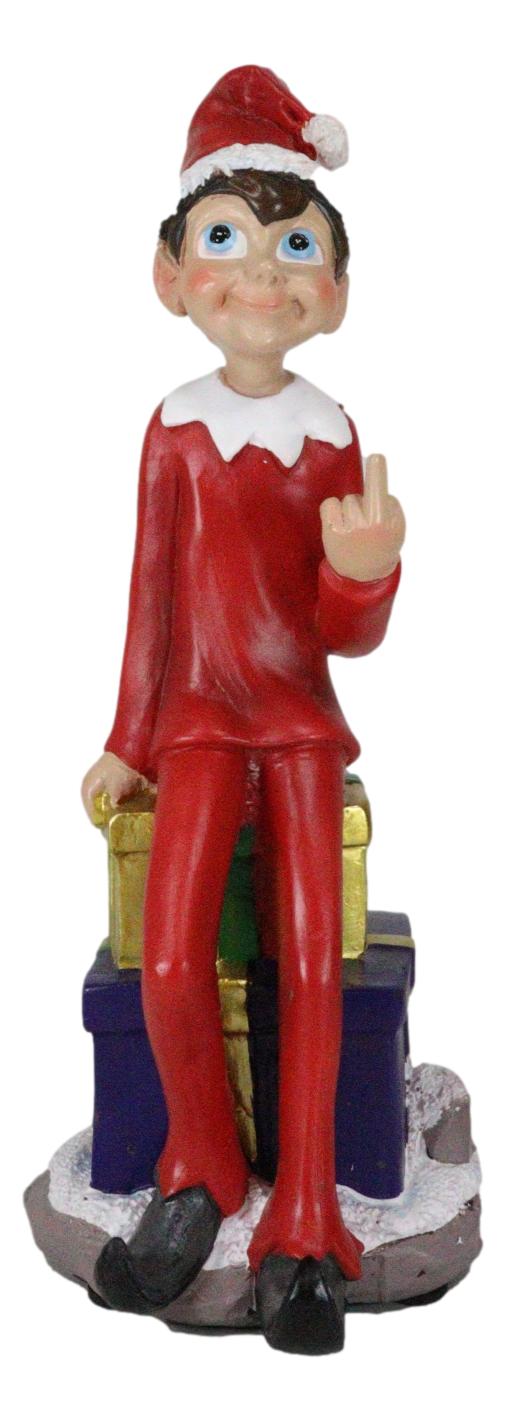 Ebros Gift Naughty Christmas Elf Flipping The Bird Sitting On Santa Presents Shelf Figurine