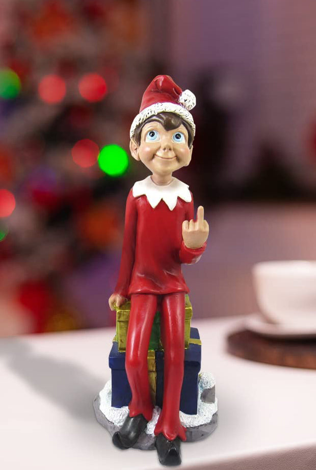 ebros gift Naughty Christmas Elf Flipping The Bird Sitting On Santa Presents Shelf Figurine