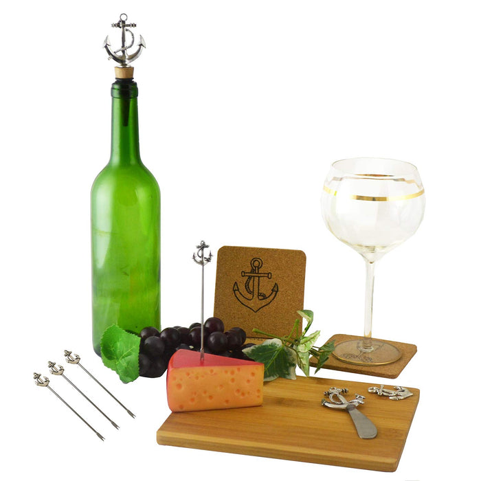 Ebros Gift Nautical Anchors Bamboo Cheese Board Knife Wine Stopper Picks Coasters Gift Set