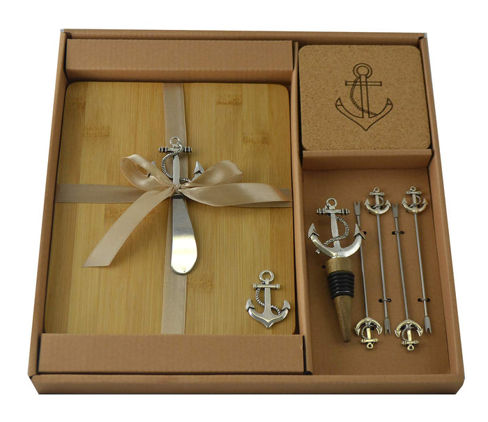 Ebros Gift Nautical Anchors Bamboo Cheese Board Knife Wine Stopper Picks Coasters Gift Set