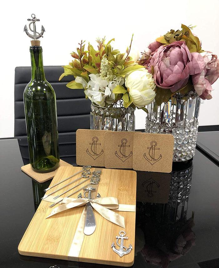 ebros gift Nautical Anchors Bamboo Cheese Board Knife Wine Stopper Picks Coasters Gift Set