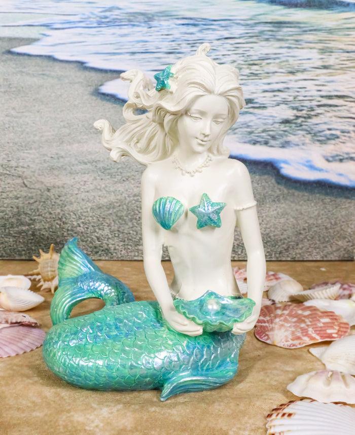 ebros gift Nautical Aqua Capiz Blue Tailed Mermaid Holding Pearl In Clam Shell Figurine