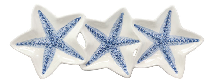 Ebros Gift Nautical Blue 3 Starfish Sea Stars Ceramic Appetizer Dessert Plate Platter 16.5"