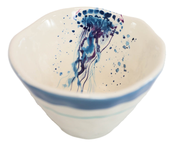 Ebros Gift Nautical Blue And White Jellyfish Cereal Small Rice Soup Ceramic Bowls Pack Of 2