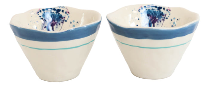 Ebros Gift Nautical Blue And White Jellyfish Cereal Small Rice Soup Ceramic Bowls Pack Of 2