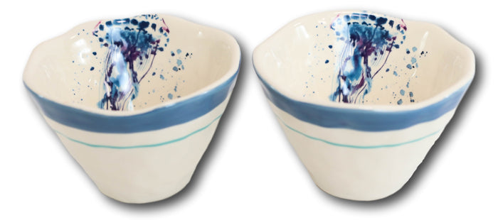 Ebros Gift Nautical Blue And White Jellyfish Cereal Small Rice Soup Ceramic Bowls Pack Of 2