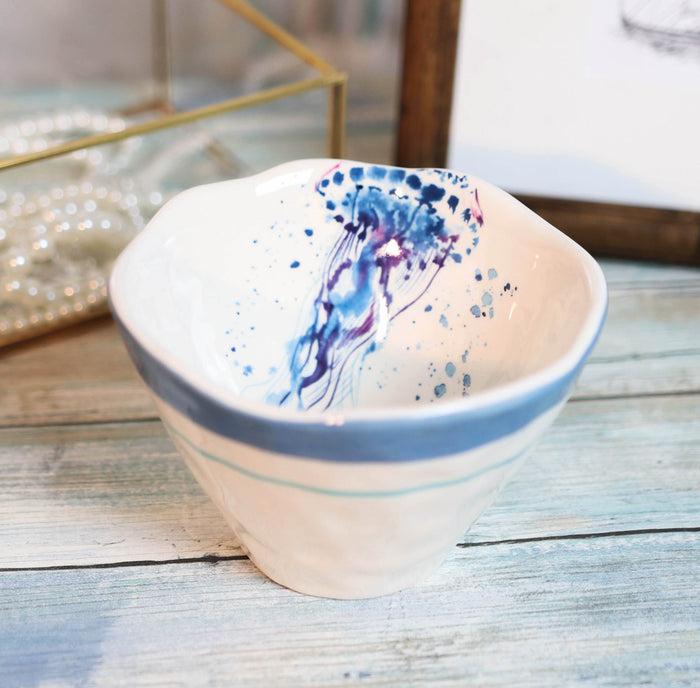 ebros gift Nautical Blue And White Jellyfish Cereal Small Rice Soup Ceramic Bowls Pack Of 2