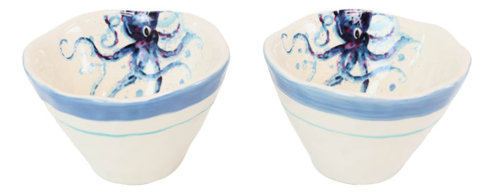 Ebros Gift Nautical Blue And White Octopus Cereal Small Rice Soup Ceramic Bowls Pack Of 2
