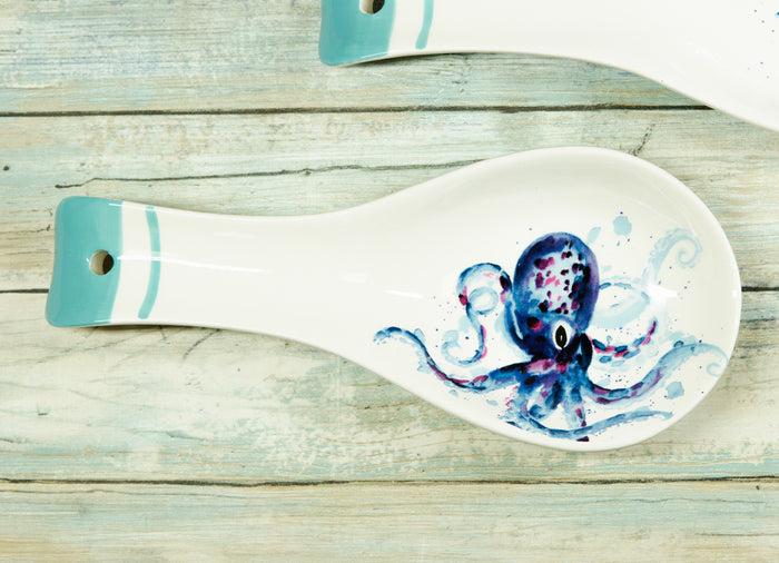 Ebros Gift Nautical Blue And White Sea Octopus Ceramic Kitchen Utensil Holder Spoon Rest