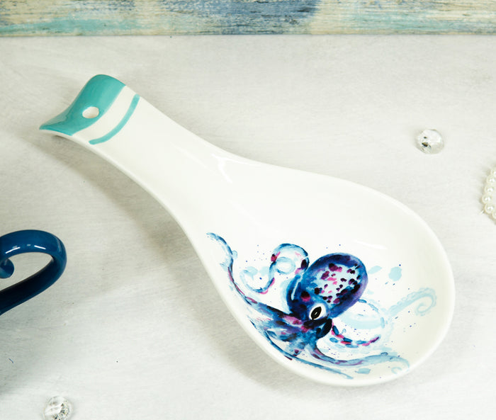 ebros gift Nautical Blue And White Sea Octopus Ceramic Kitchen Utensil Holder Spoon Rest