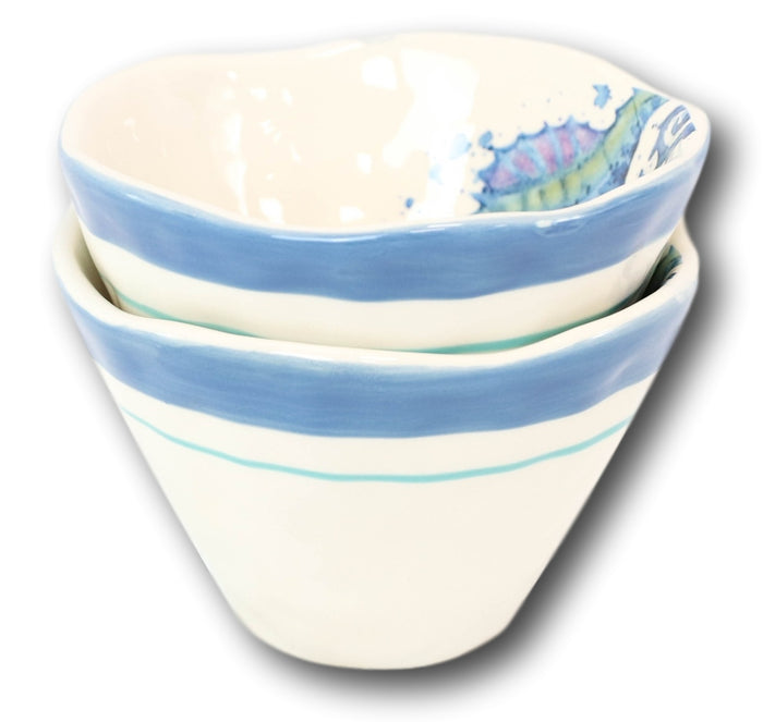 Ebros Gift Nautical Blue And White Seahorse Cereal Small Rice Soup Ceramic Bowls Pack Of 2
