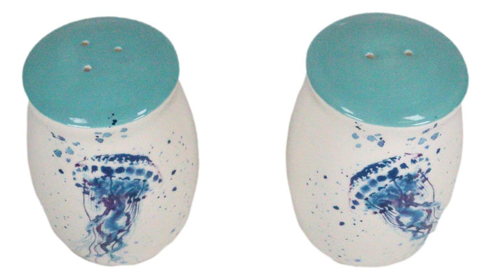 Ebros Gift Nautical Blue Sea Jellyfish Splashing Bubbles Ceramic Salt Pepper Shakers Set