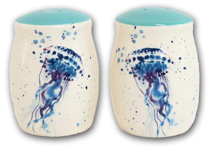 Ebros Gift Nautical Blue Sea Jellyfish Splashing Bubbles Ceramic Salt Pepper Shakers Set