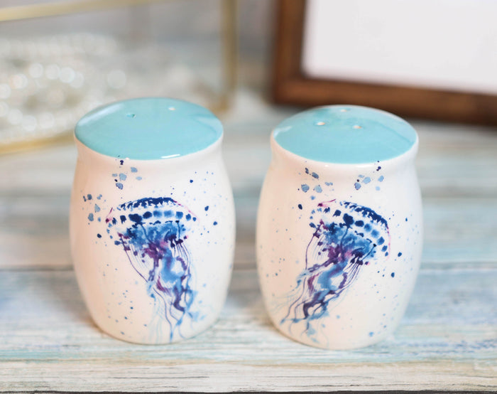 ebros gift Nautical Blue Sea Jellyfish Splashing Bubbles Ceramic Salt Pepper Shakers Set