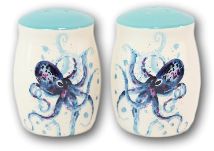 Ebros Gift Nautical Blue Sea Octopus Splashing Bubbles Ceramic Salt And Pepper Shakers Set