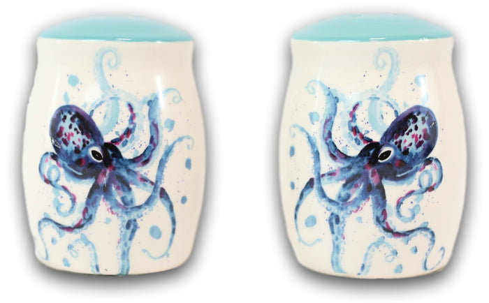 Ebros Gift Nautical Blue Sea Octopus Splashing Bubbles Ceramic Salt And Pepper Shakers Set