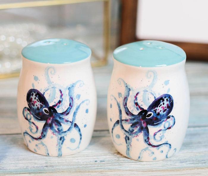 ebros gift Nautical Blue Sea Octopus Splashing Bubbles Ceramic Salt And Pepper Shakers Set