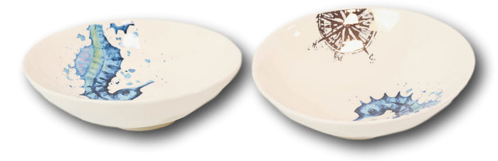 Ebros Gift Nautical Blue White Seahorse And Helm Ceramic 46oz Pasta Salad Soup Dinner Bowl