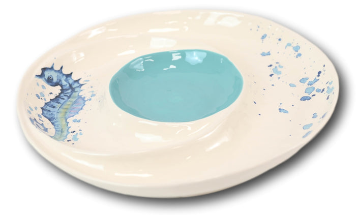 Ebros Gift Nautical Blue White Seahorse Ceramic Chips Salsa Family Serving Platter Plate
