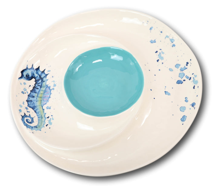 Ebros Gift Nautical Blue White Seahorse Ceramic Chips Salsa Family Serving Platter Plate