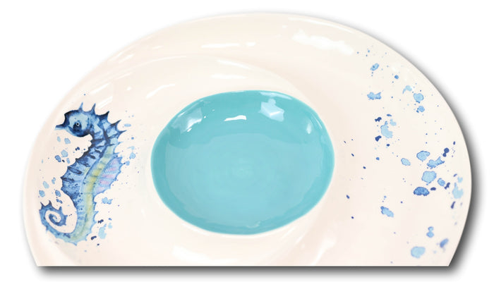 Ebros Gift Nautical Blue White Seahorse Ceramic Chips Salsa Family Serving Platter Plate