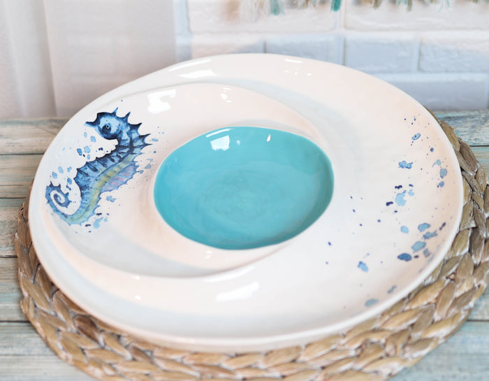 ebros gift Nautical Blue White Seahorse Ceramic Chips Salsa Family Serving Platter Plate