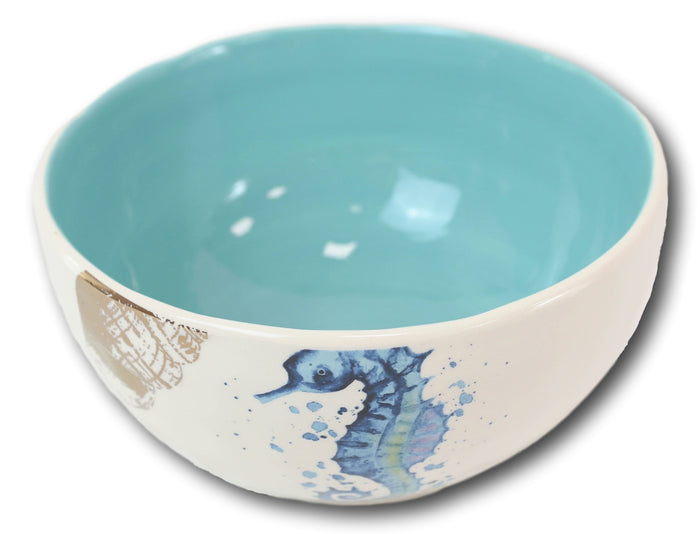 Ebros Gift Nautical Blue White Seahorse Ceramic Large 95oz Pasta Salad Soup Serving Bowl