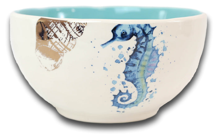 Ebros Gift Nautical Blue White Seahorse Ceramic Large 95oz Pasta Salad Soup Serving Bowl