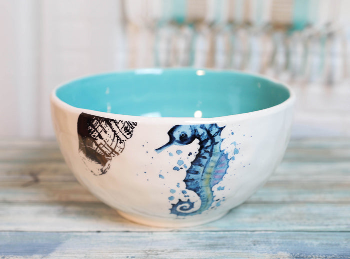 ebros gift Nautical Blue White Seahorse Ceramic Large 95oz Pasta Salad Soup Serving Bowl