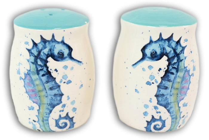 Ebros Gift Nautical Blue White Seahorse With Bubbles Ceramic Salt And Pepper Shakers Set