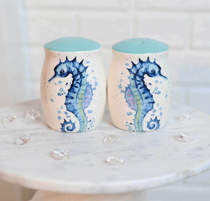 ebros gift Nautical Blue White Seahorse With Bubbles Ceramic Salt And Pepper Shakers Set