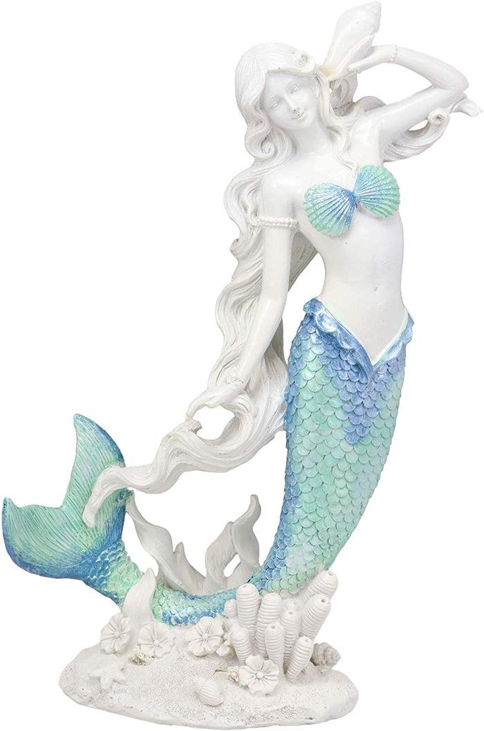 Ebros Gift Nautical Capiz Blue Tailed Siren Mermaid Listening To Sea Conch Statue 11.75"H