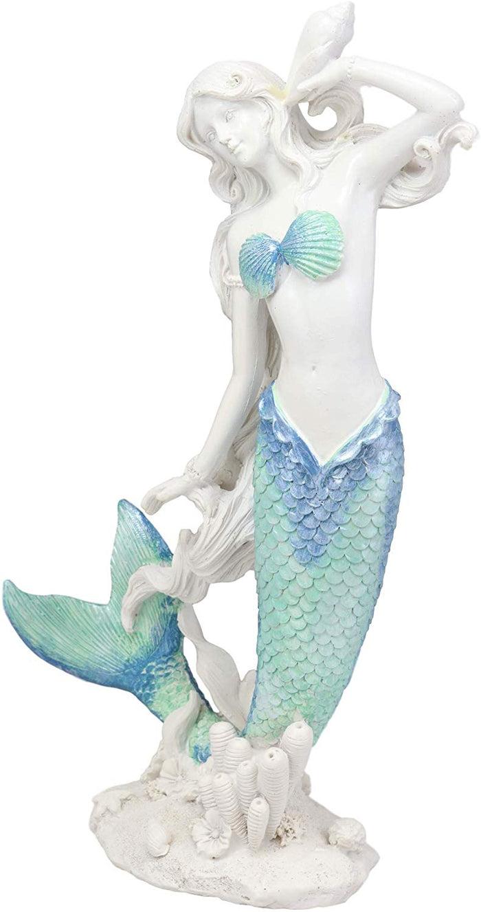 Ebros Gift Nautical Capiz Blue Tailed Siren Mermaid Listening To Sea Conch Statue 11.75"H